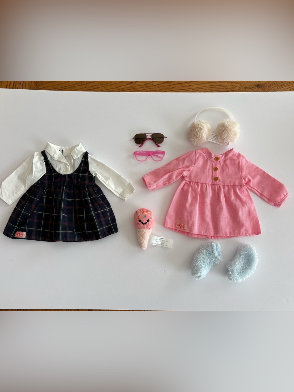 Lot of Our Generation 18” School Uniform, Slippers,EarMuff, Glasses, Dress, Cone